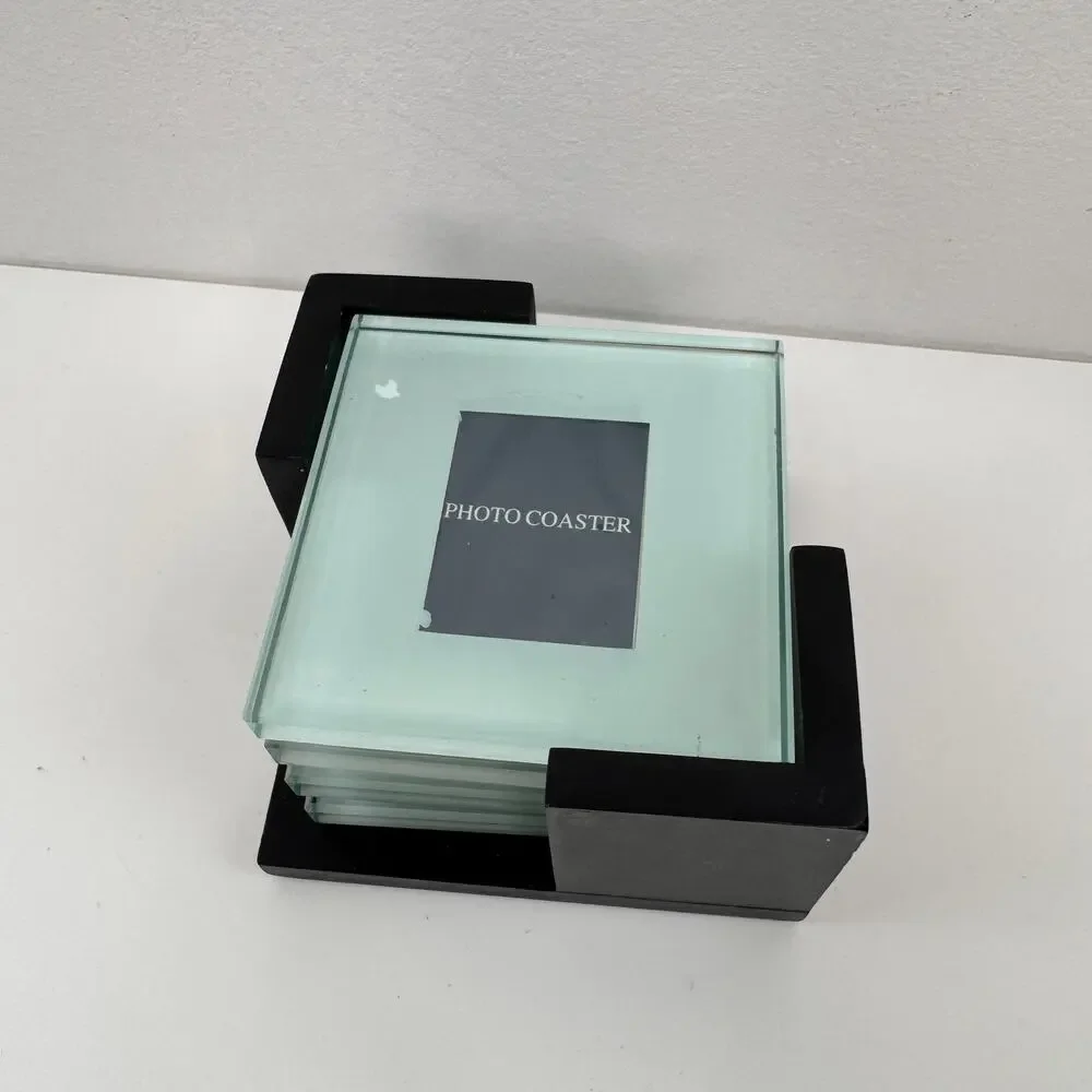 Photo Frame Coasters Wood Holder Tempered Glass Square Home Decorative Set of 4